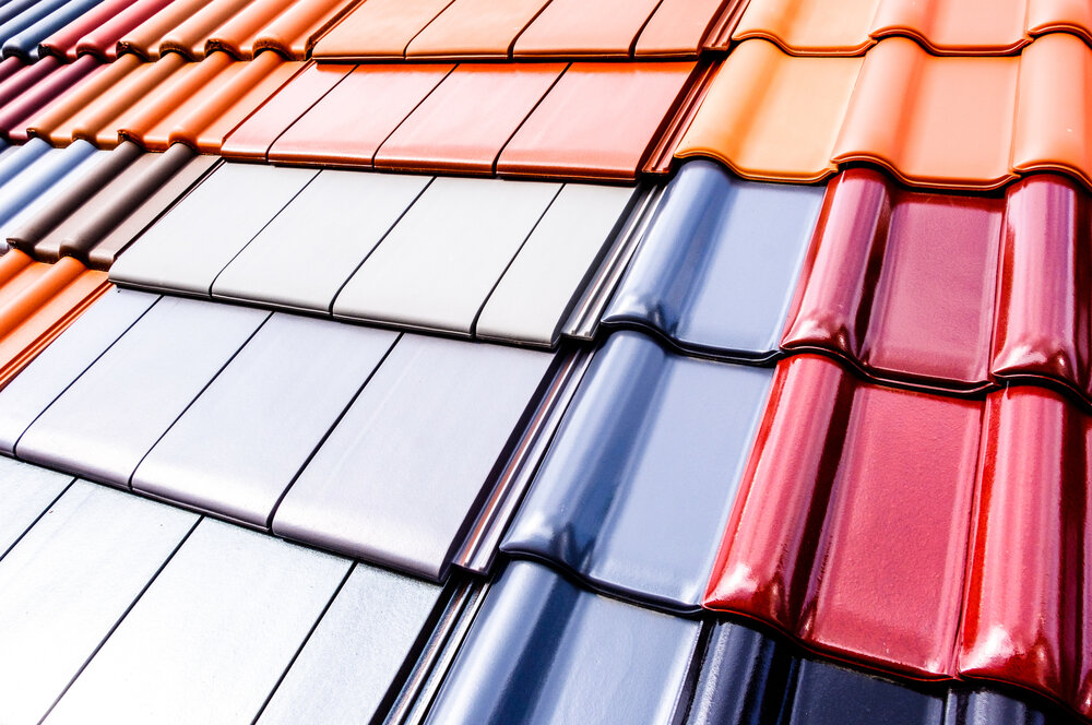 Metal Shingles. Different color metal Roof Tiles Close Up.
