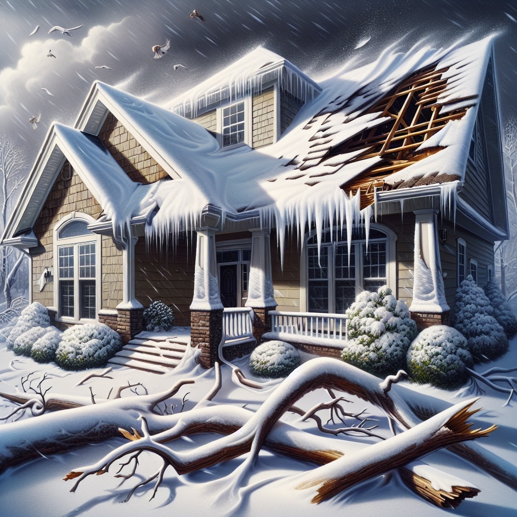 Winter Roof Repair. roof damaged from winter storm. winter storm roof damage.